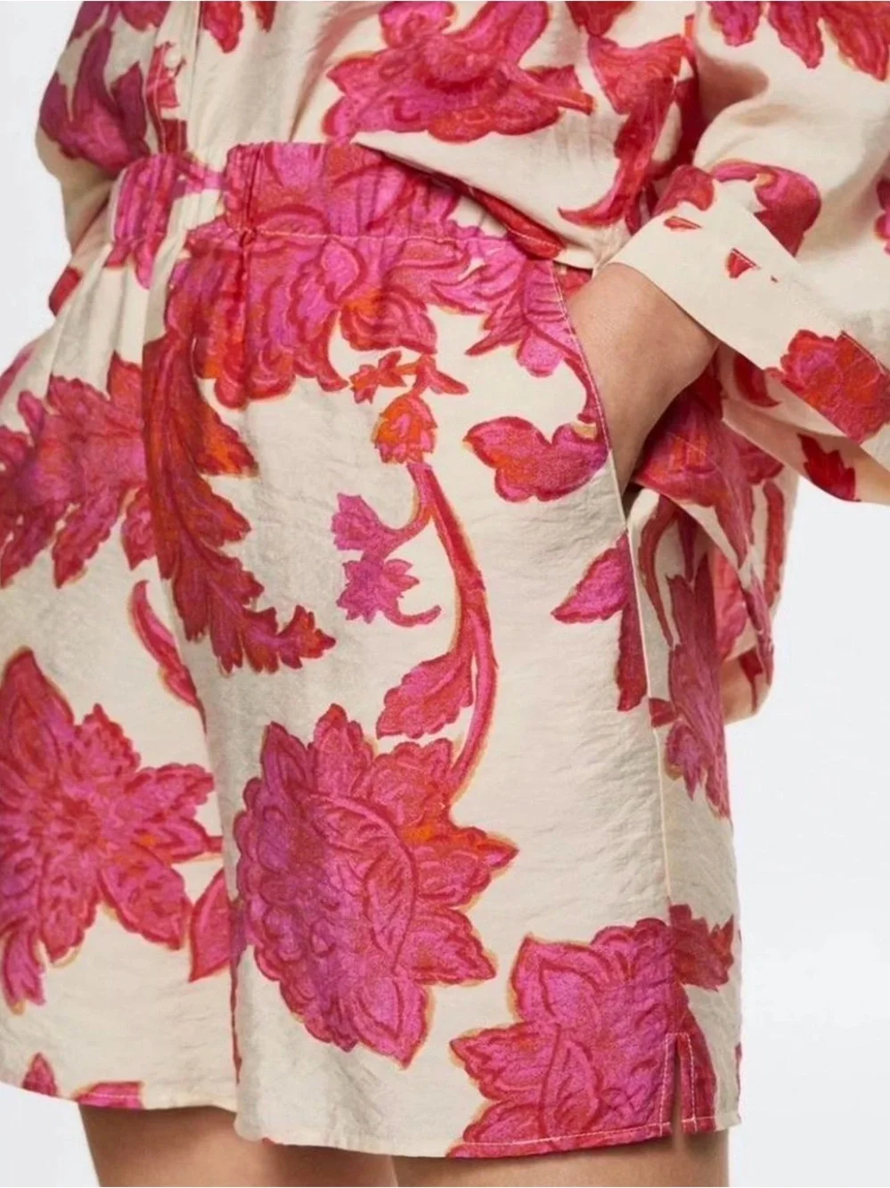 Cream Shorts with Pink Floral Print